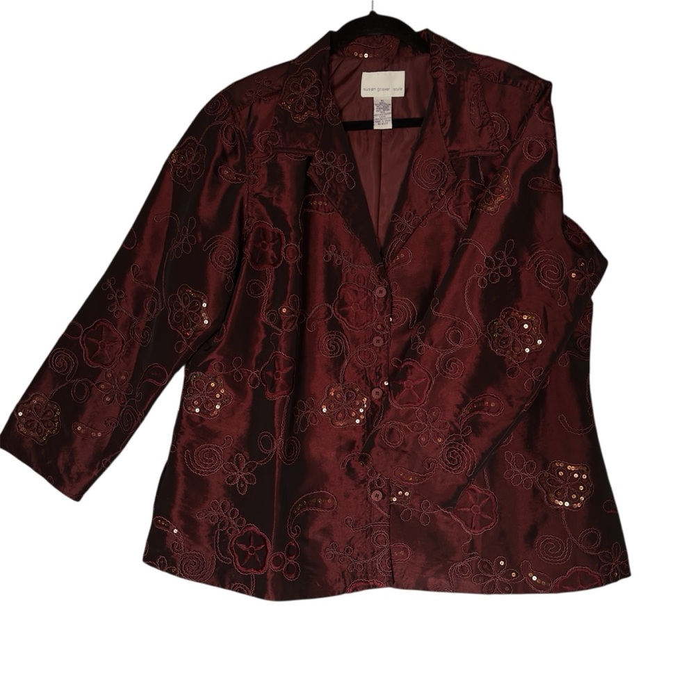 Susan Graver Burgundy Red Embroidered Sequins Blouse Jacket size XL Event